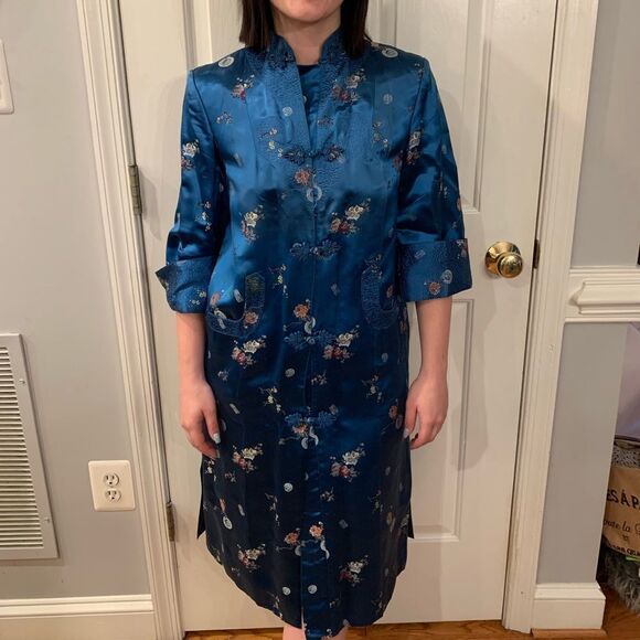 Vintage Asian Inspired Blue Heavy Satin Button Down Dress sz 34 or US 6 - Picture 1 of 6